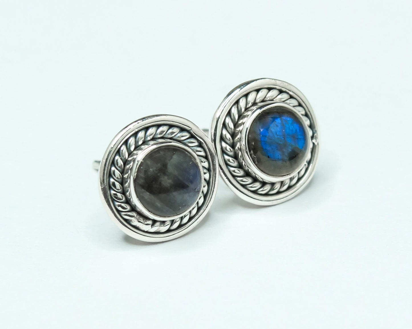 Round LABRADORITE Gems Solid Oxidized Silver Bohemian Stud Earrings