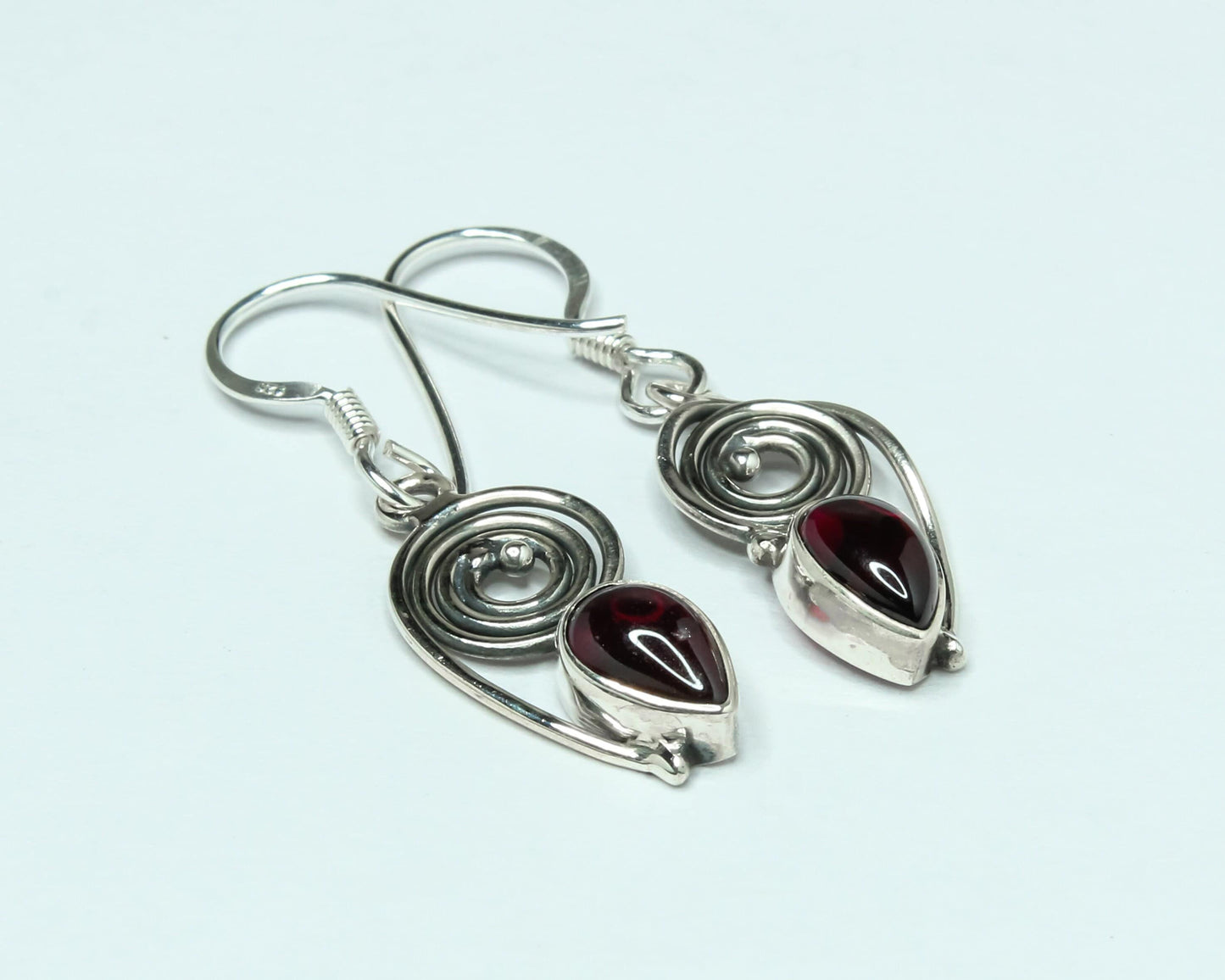 Pear/Teardrop Shaped Red GARNET Sterling Silver Bohemian Drop Earrings