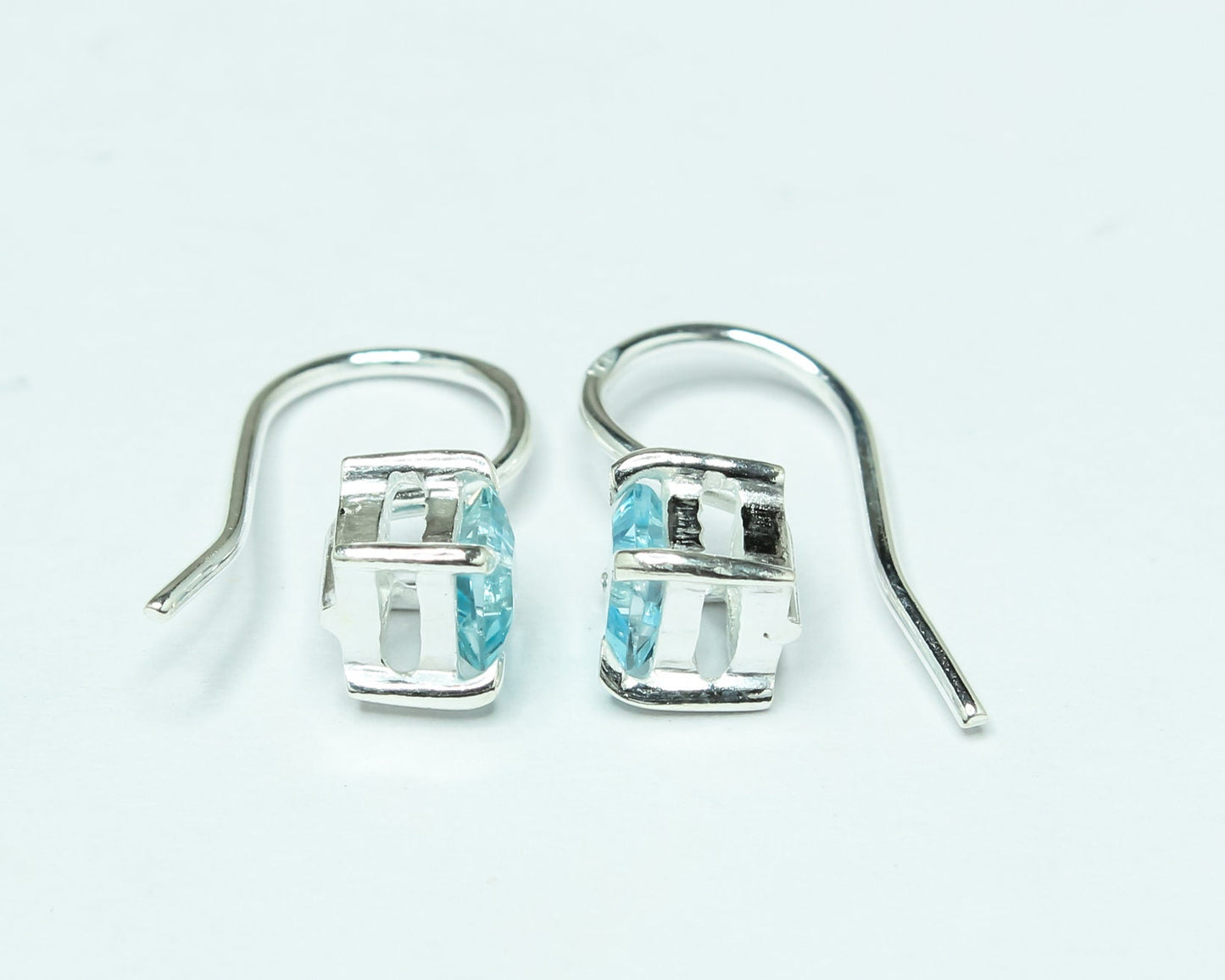 Square Blue TOPAZ Gems 925 Silver Simple Prong Set Latch-Back Earrings