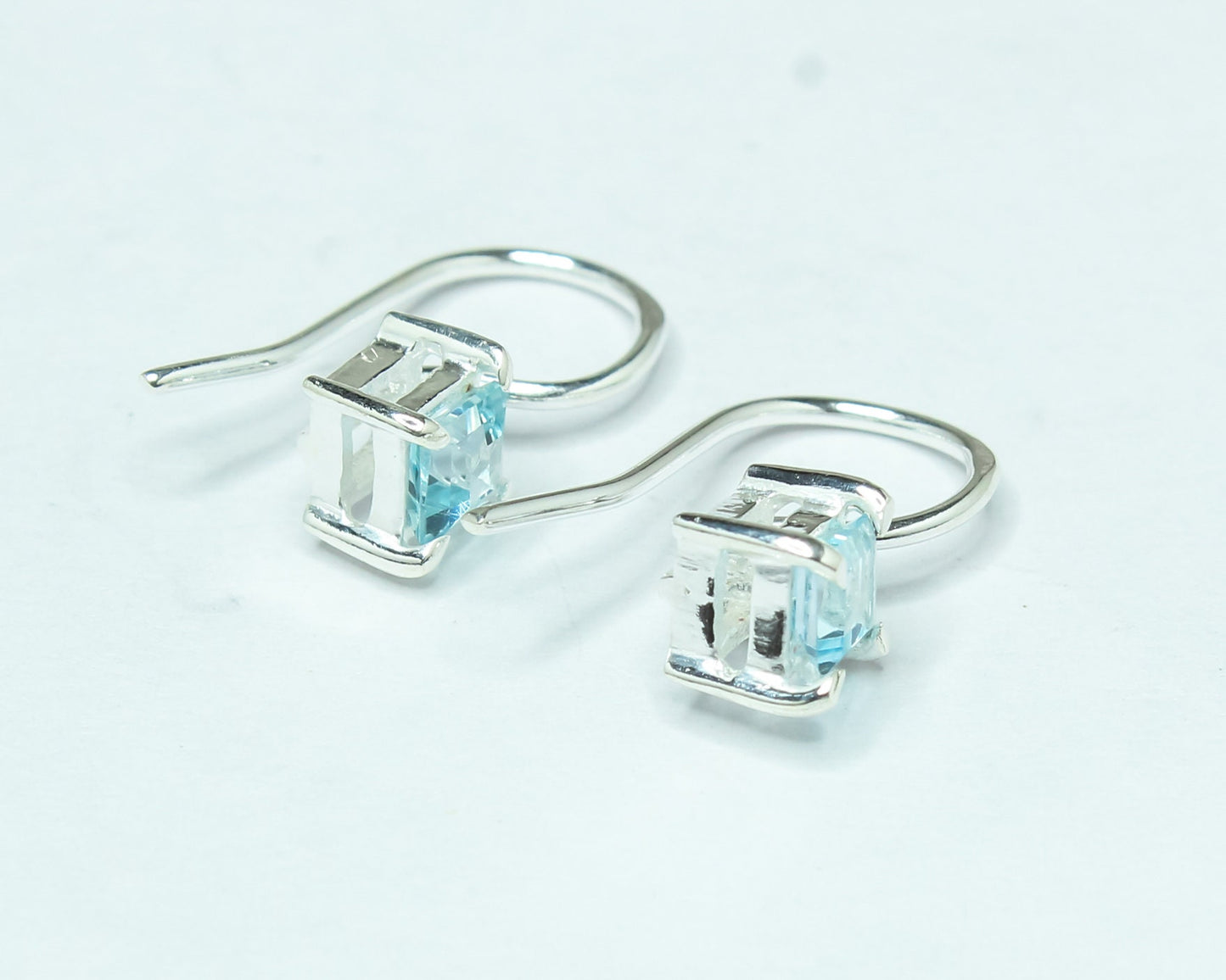 Square Blue TOPAZ Gems 925 Silver Simple Prong Set Latch-Back Earrings
