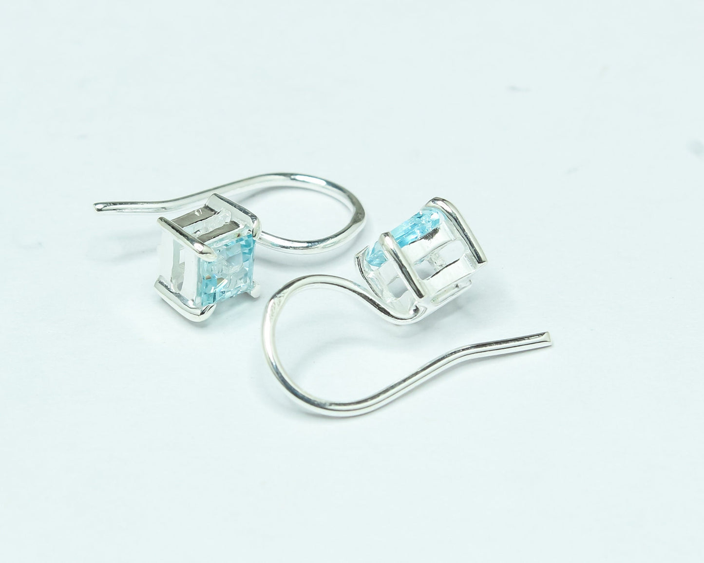 Square Blue TOPAZ Gems 925 Silver Simple Prong Set Latch-Back Earrings