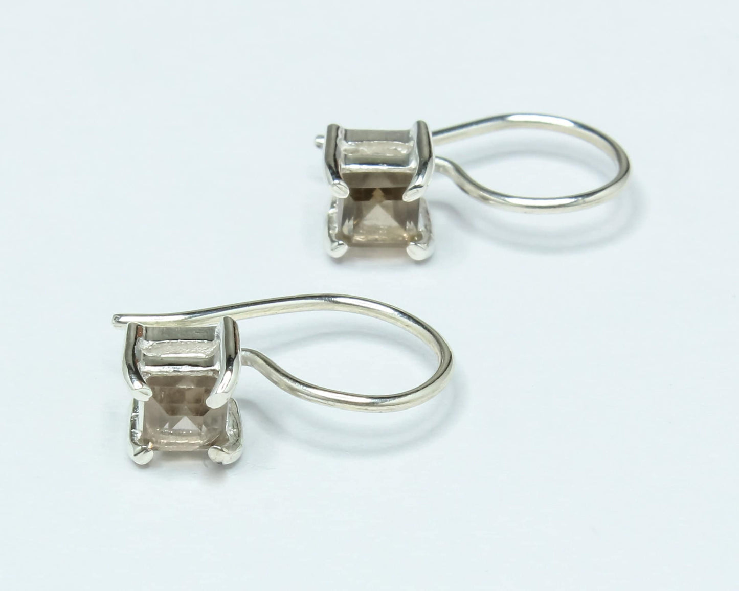 Square Genuine Smoky QUARTZ GEMS 925 Silver Prong Set Latch-Back Earrings
