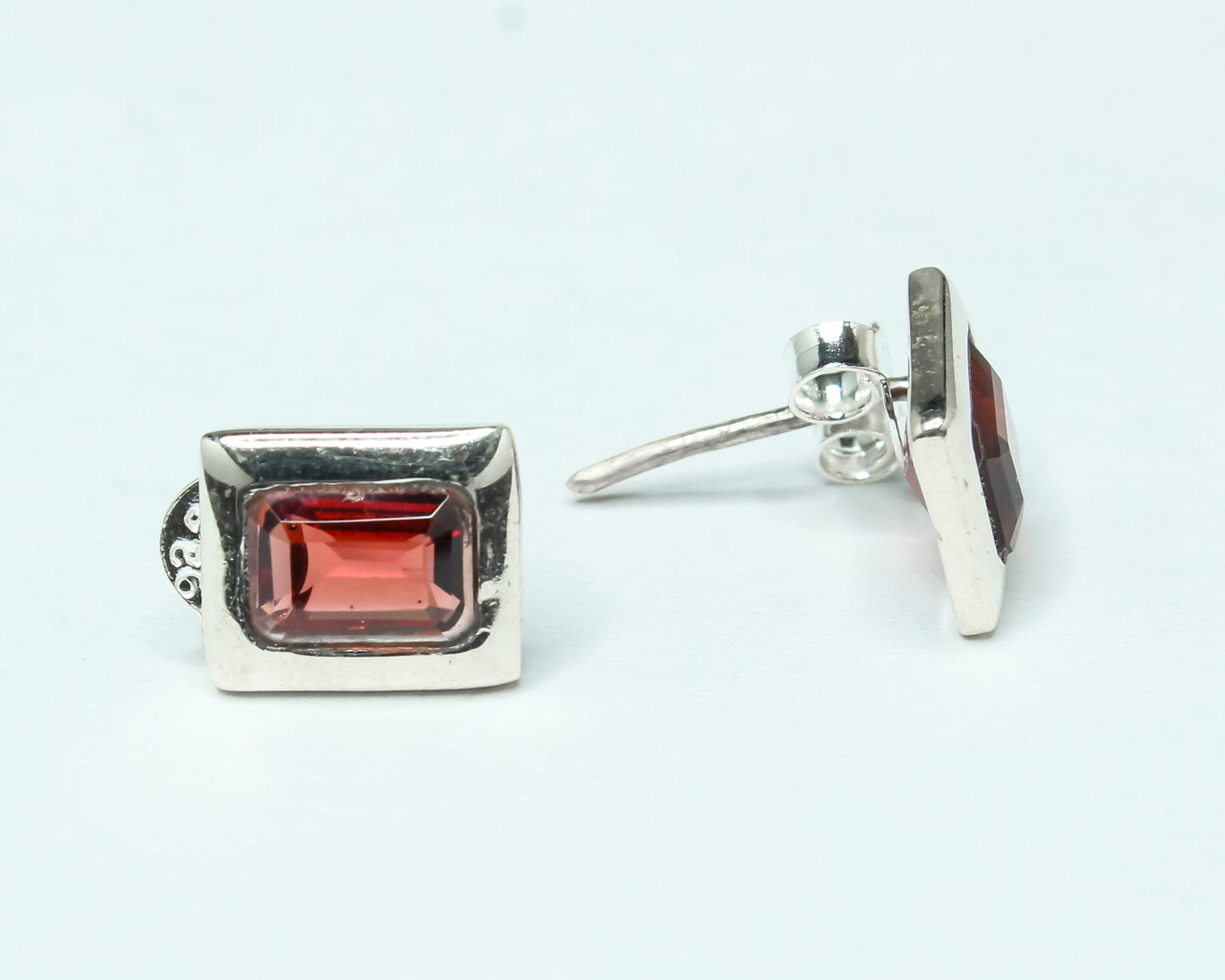 Rectangular Genuine Red GARNET Gemstone 925 Silver Simple Stud Earrings