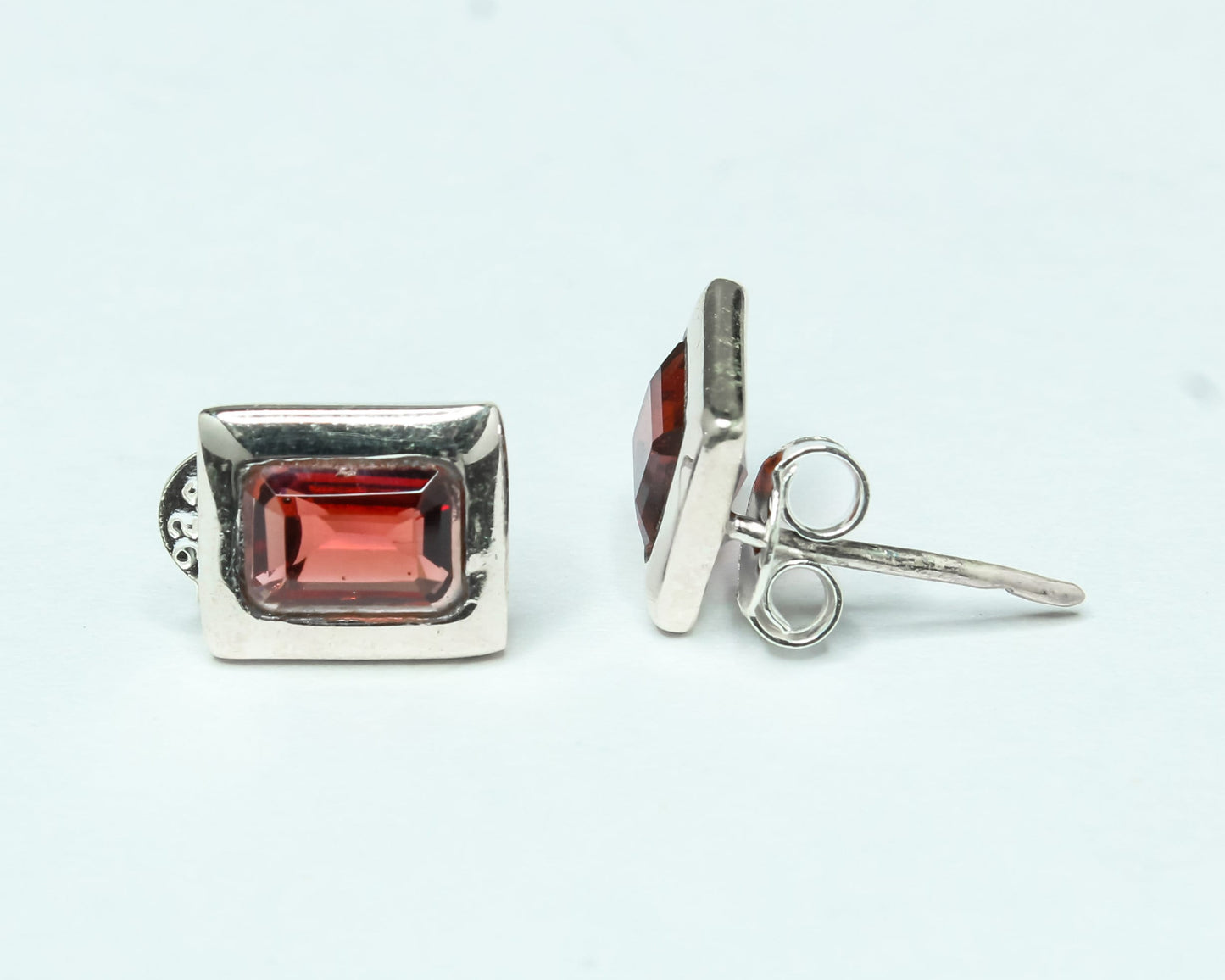 Rectangular Genuine Red GARNET Gemstone 925 Silver Simple Stud Earrings