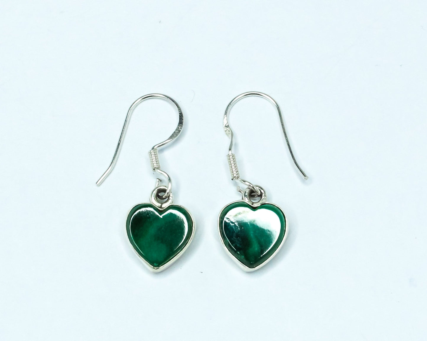 Heart Green Malachite Textured Gemstone Solid 925 Silver Drop Earrings