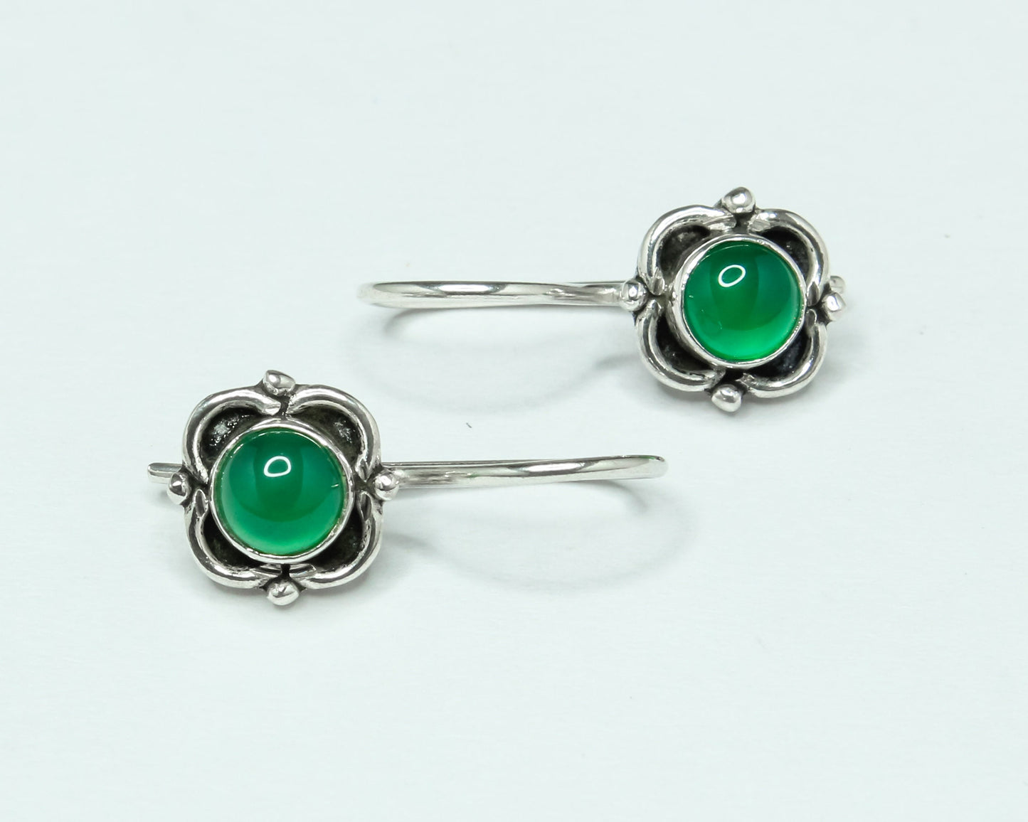 GREEN ONYX Gemstones Oxidized Silver Spring Flower Latch-Back Earrings