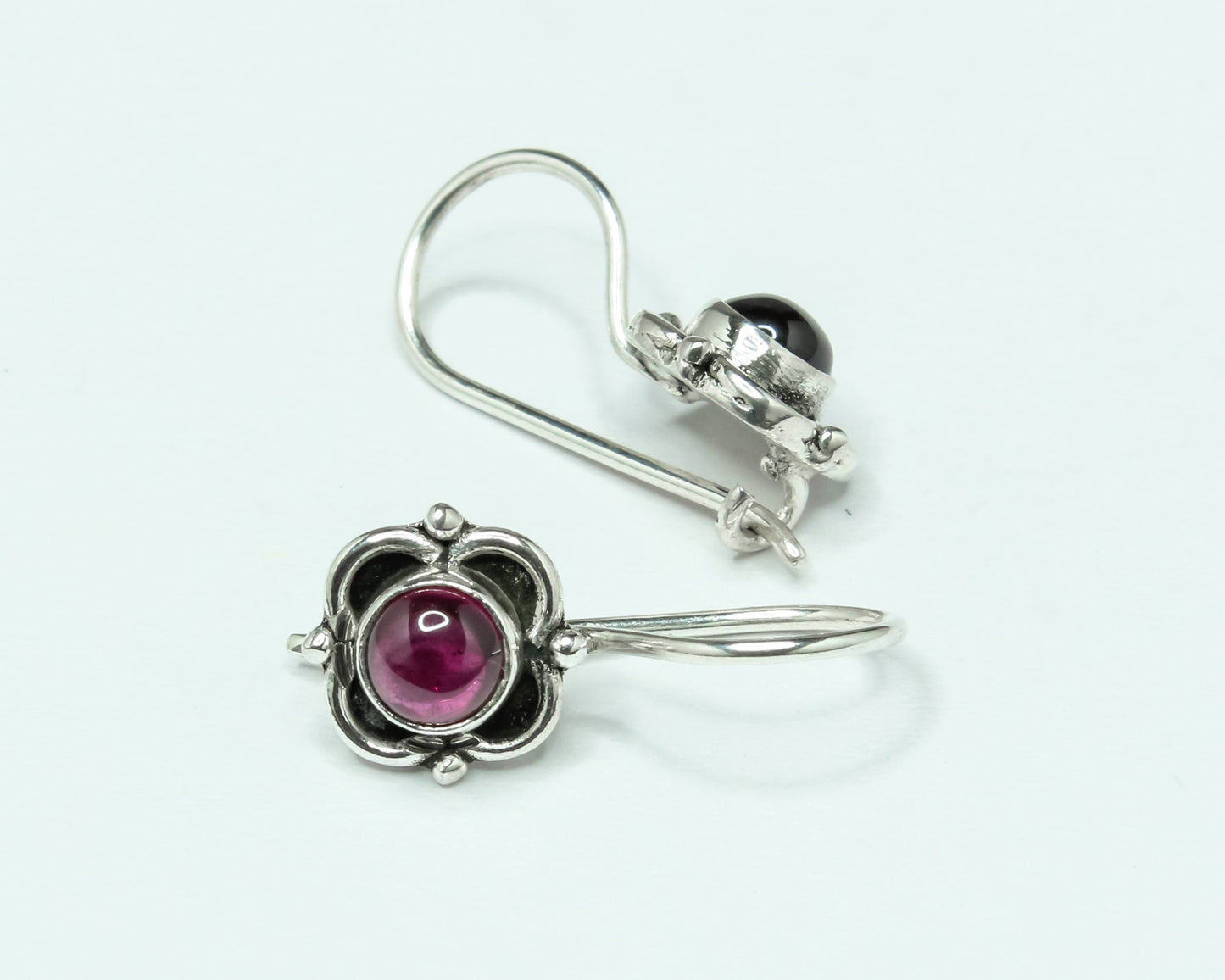 Genuine Red GARNET Gems Oxidized Silver Spring Flower Latch-Back Earrings