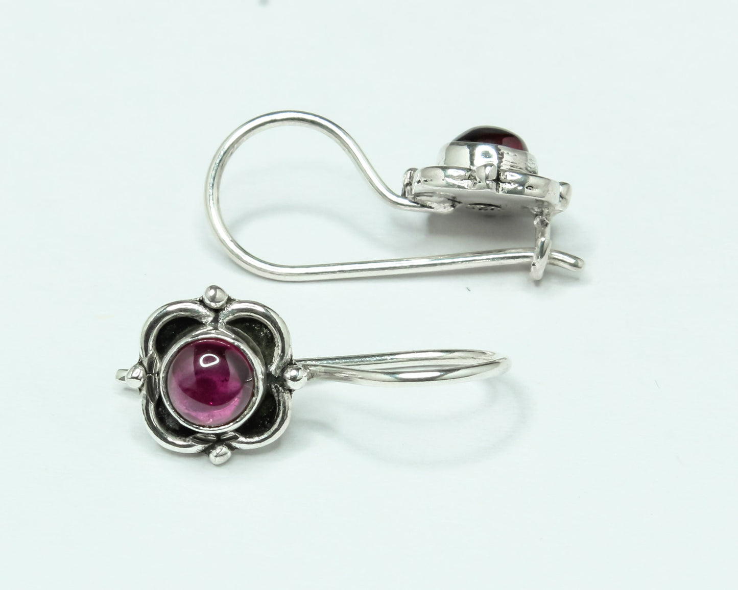 Genuine Red GARNET Gems Oxidized Silver Spring Flower Latch-Back Earrings
