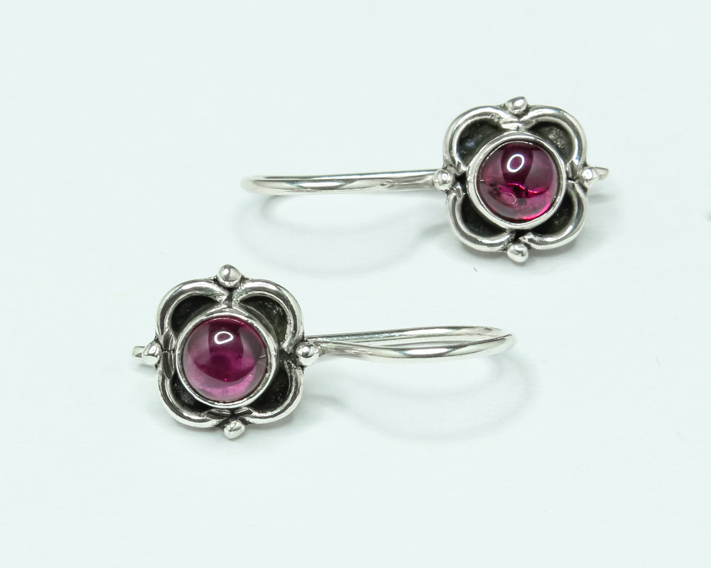 Genuine Red GARNET Gems Oxidized Silver Spring Flower Latch-Back Earrings