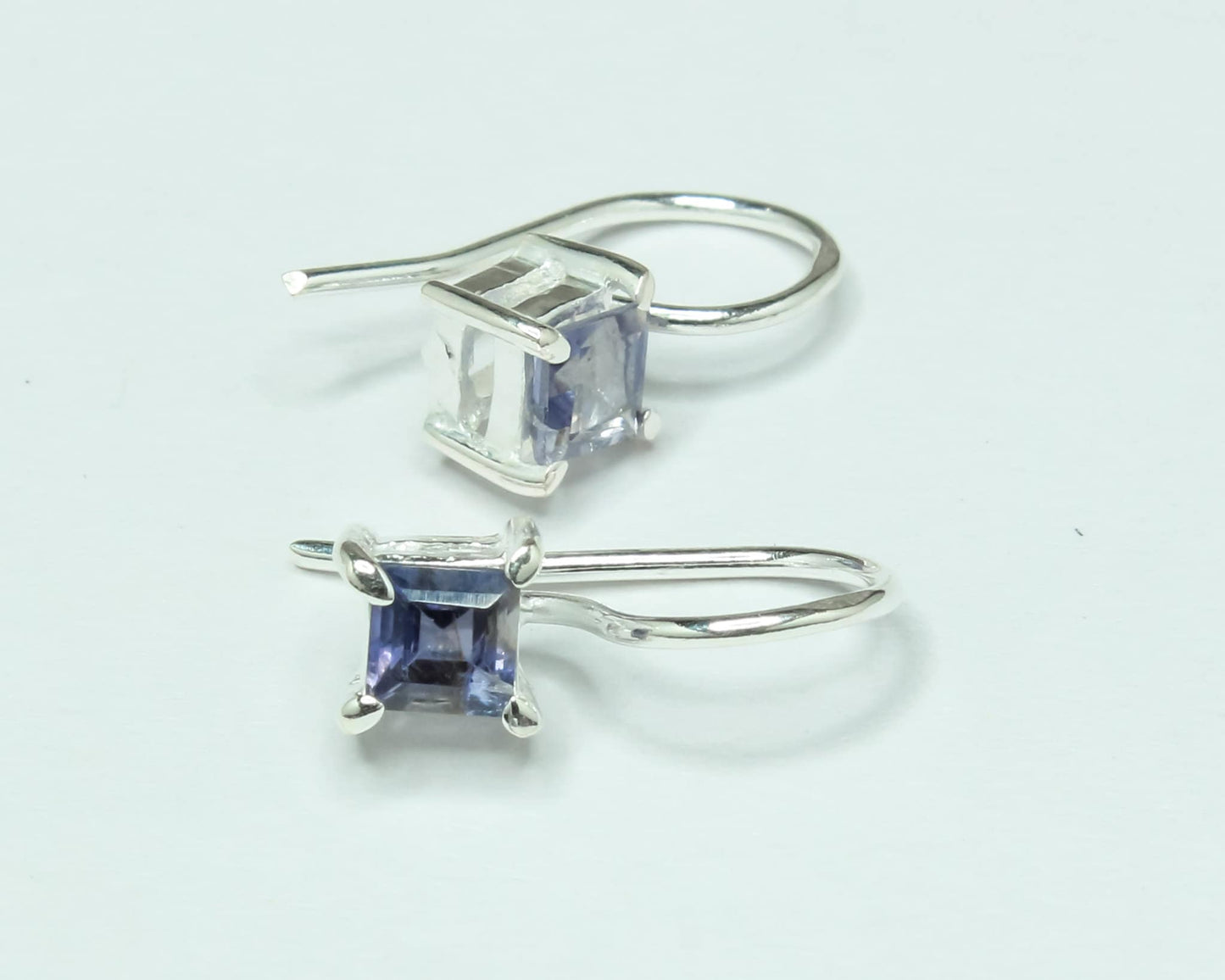 Square Genuine Iolite Gems 925 Silver Simple Prong Set Latch-Back Earrings