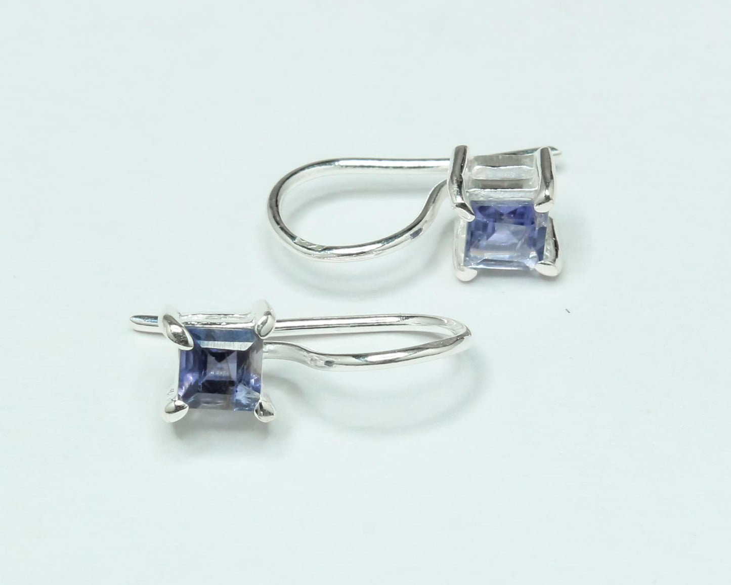 Square Genuine Iolite Gems 925 Silver Simple Prong Set Latch-Back Earrings