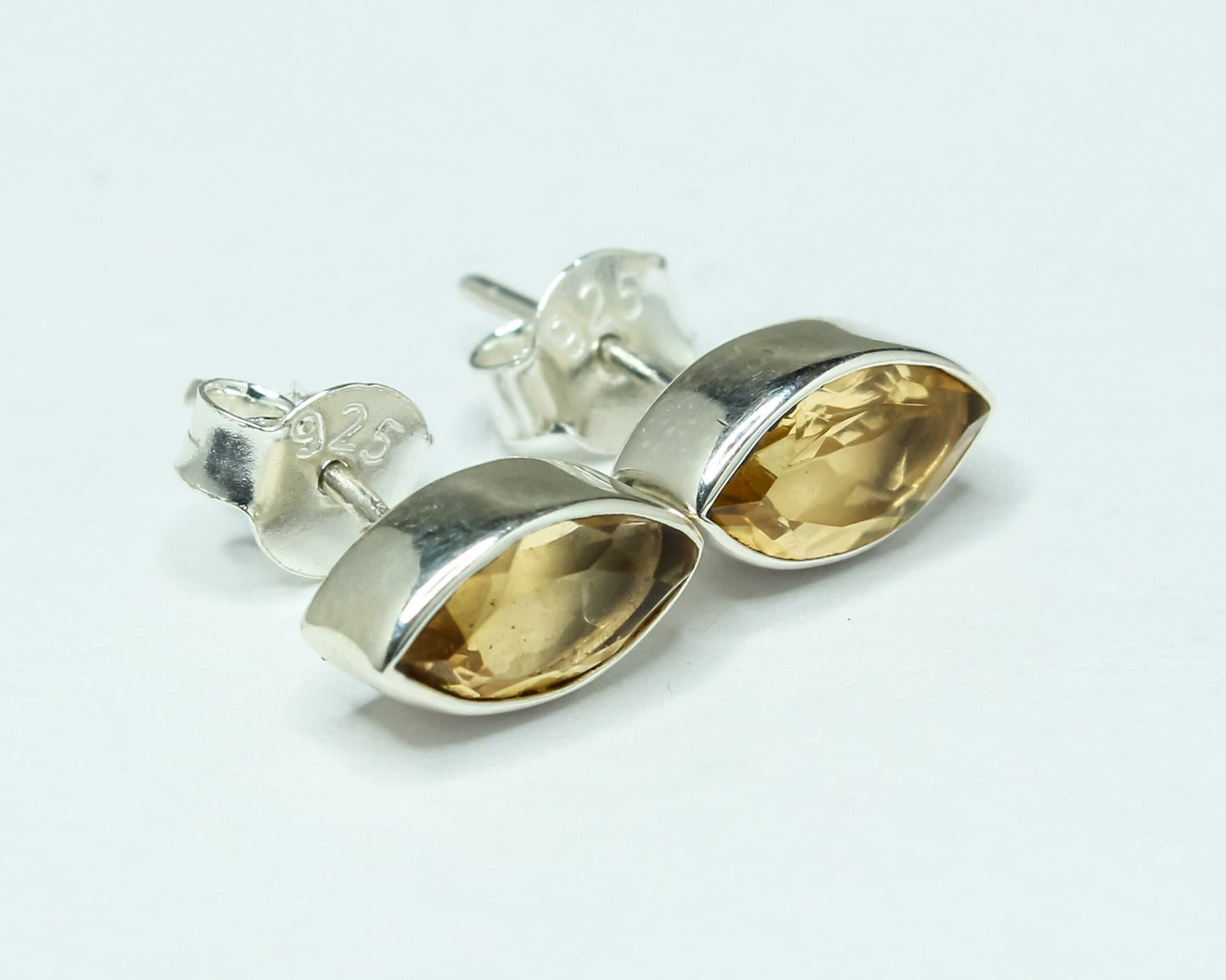 Marquise Shaped Genuine Citrine Minimalistic 925 Silver Solid Stud Earrings
