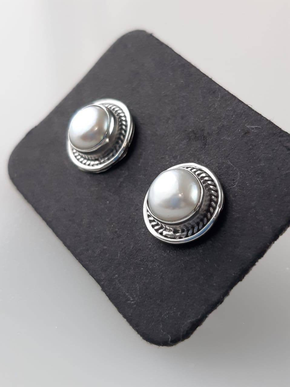 pearl studs, white pearl stud earrings, moon studs, silver stud earrings, lightly oxidized silver pearl earrings, oxidized studs, Australia, Zorbajewellers