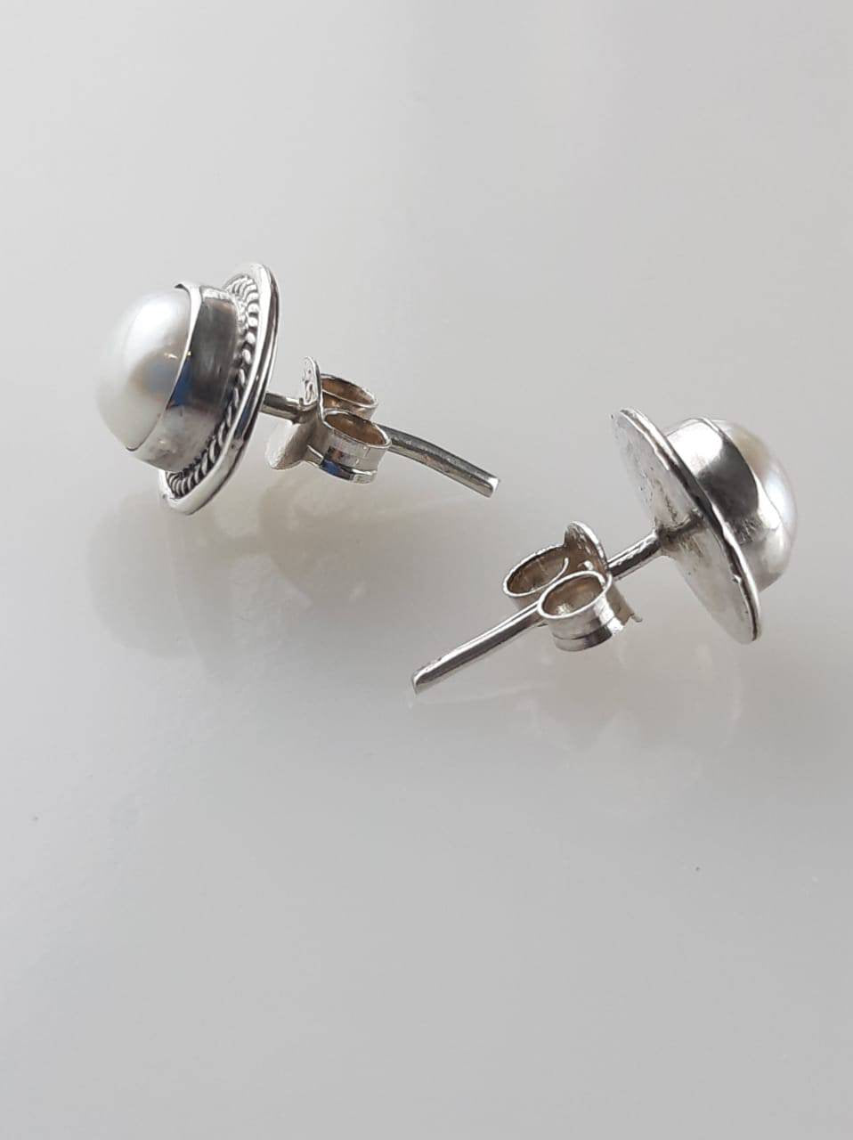 pearl studs, white pearl stud earrings, moon studs, silver stud earrings, lightly oxidized silver pearl earrings, oxidized studs, Australia, Zorbajewellers