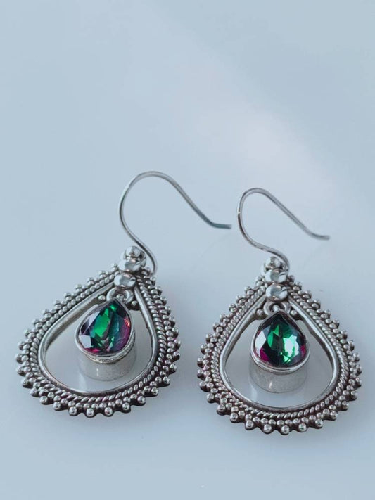 Leaf shaped mystic topaz dangle & drop earrings in sterling silver, rope edge, rainbow color,cancer zodiac, November birthstone, Australia, Zorbajewellers