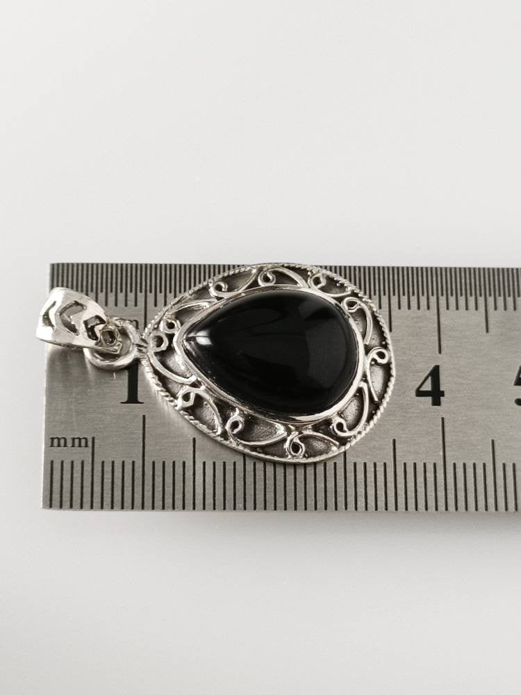 black pendant, oxidized black onyx silver pendant, teardrop black onyx pendant, oxidised black gem pendant, Bohemian black gems, Australia, Zorbajewellers
