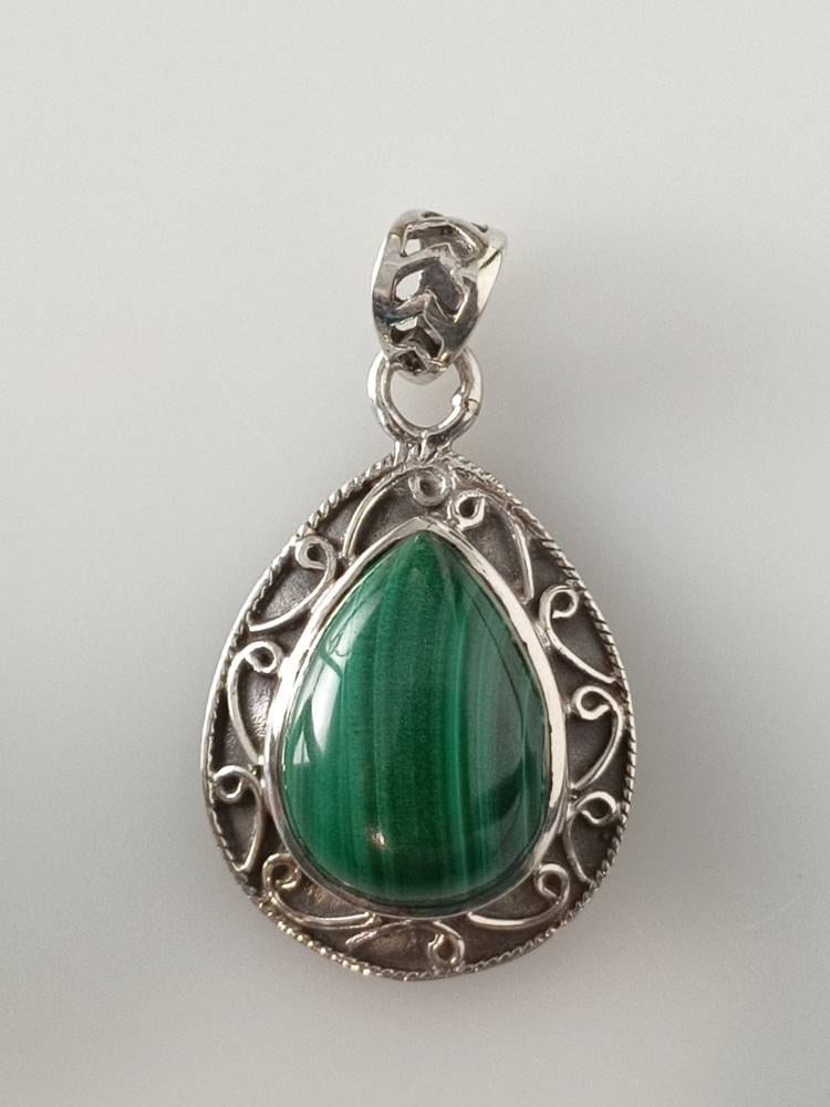 Green malachite pendant, green gemstone silver pendant, oxidized silver pendant, leaf shaped pendant, textured green, boho, Australia, Zorbajewellers
