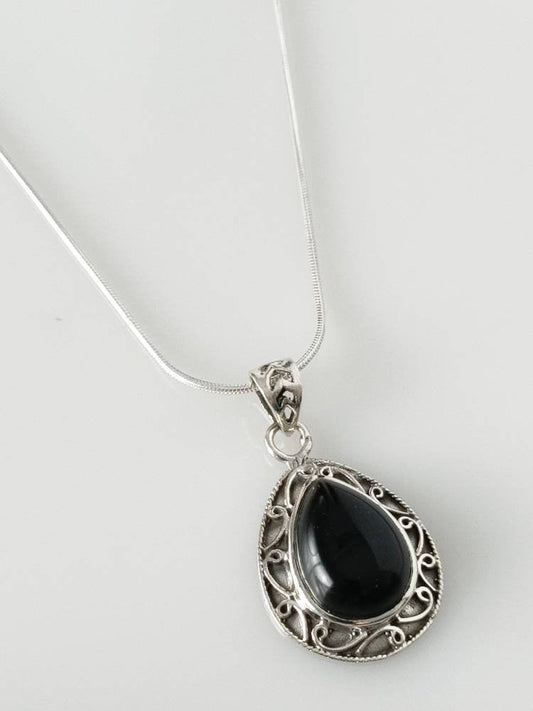 black pendant, oxidized black onyx silver pendant, teardrop black onyx pendant, oxidised black gem pendant, Bohemian black gems, Australia, Zorbajewellers