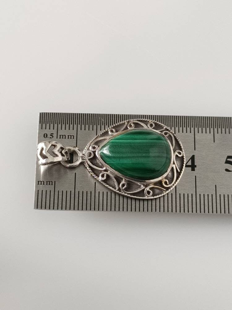 Green malachite pendant, green gemstone silver pendant, oxidized silver pendant, leaf shaped pendant, textured green, boho, Australia, Zorbajewellers