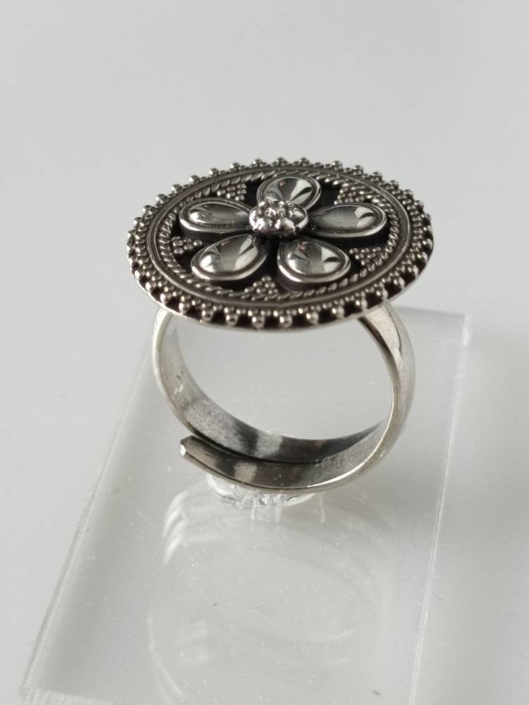 Oxidized silver ring,  spring flower ring, oxidized flower ring, round flower ring, round shield ring, adjustable silver ring, Australia, Zorbajewellers