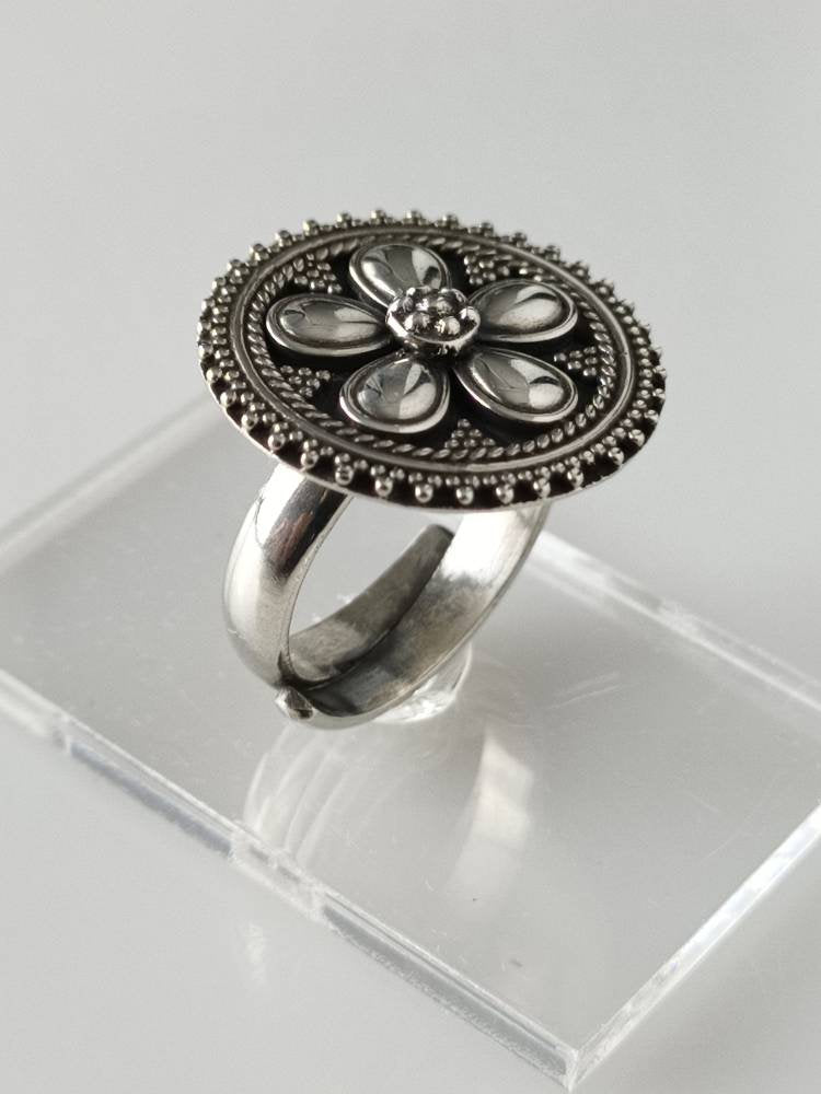 Oxidized silver ring,  spring flower ring, oxidized flower ring, round flower ring, round shield ring, adjustable silver ring, Australia, Zorbajewellers