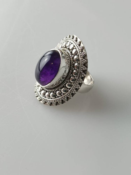 Bohemian amethyst ring, amethyst silver ring, big oval amethyst ring, oxidized amethyst ring, oxidized silver ring, purple ring, Australia, Zorbajewellers