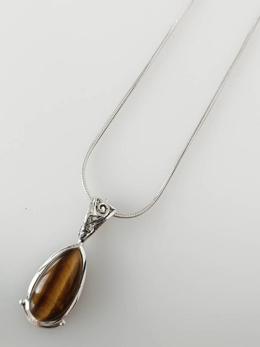 Minimalist teardrop Genuine Tiger's Eye Gemstone & Sold 925 Sterling Silver Bohemian Pendant, Gemini Zodiac July Birthstone Gift, Australia, Zorbajewellers