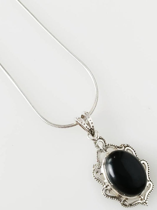 Big Oval Genuine Black Onyx Gemstone and Solid 925 Sterling Silver Boho lace Frame Pendant, Leo Zodiac December Birthstone Gift, Australia, Zorbajewellers