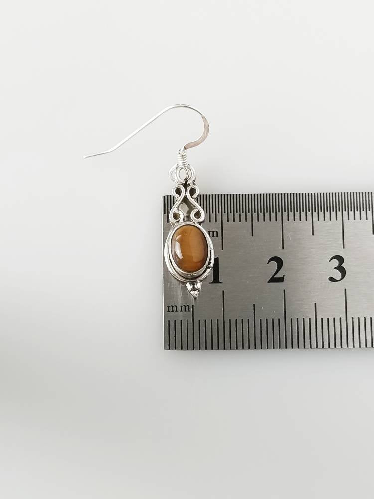 Filigree Oval TIGER'S EYE gemstones oxidized solid sterling SILVER dangle drop Boho earrings, Gemini Zodiac June Birthstone Gift, Australia, Zorbajewellers