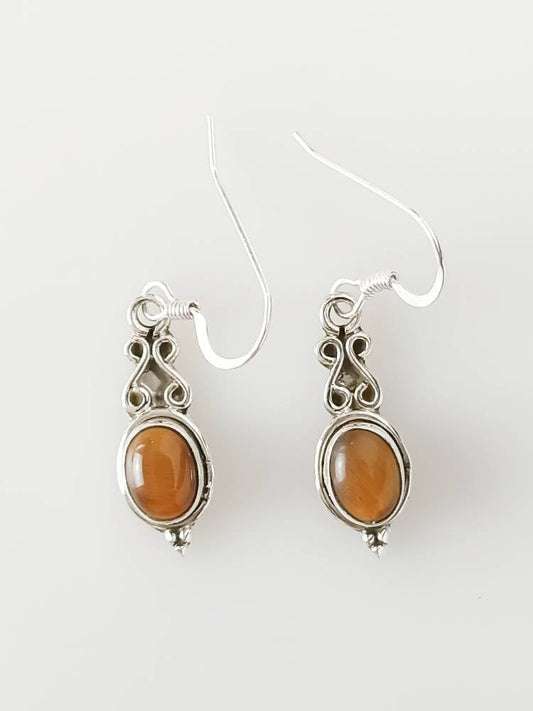Filigree Oval TIGER'S EYE gemstones oxidized solid sterling SILVER dangle drop Boho earrings, Gemini Zodiac June Birthstone Gift, Australia, Zorbajewellers