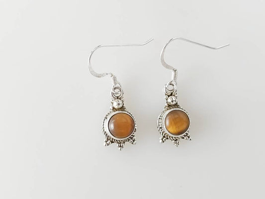 TIGER'S EYE round gemstones rope-edge oxidized beads sterling SILVER dangle drop earrings, Gemini Zodiac June Birthstone Gift, Australia, Zorbajewellers