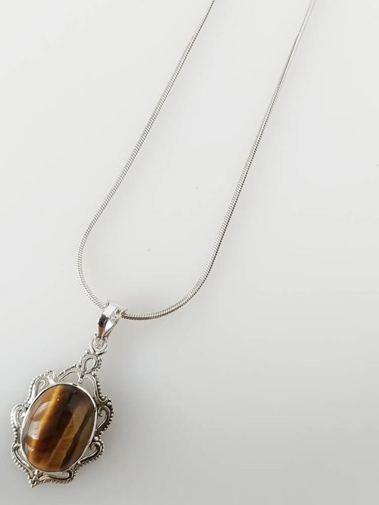 Oval Brown Tiger's Eye Big Gemstone & Solid 925 Sterling Silver Bohemian Style Frame Pendant, Gemini Zodiac July Birthstone gift, Australia, Zorbajewellers