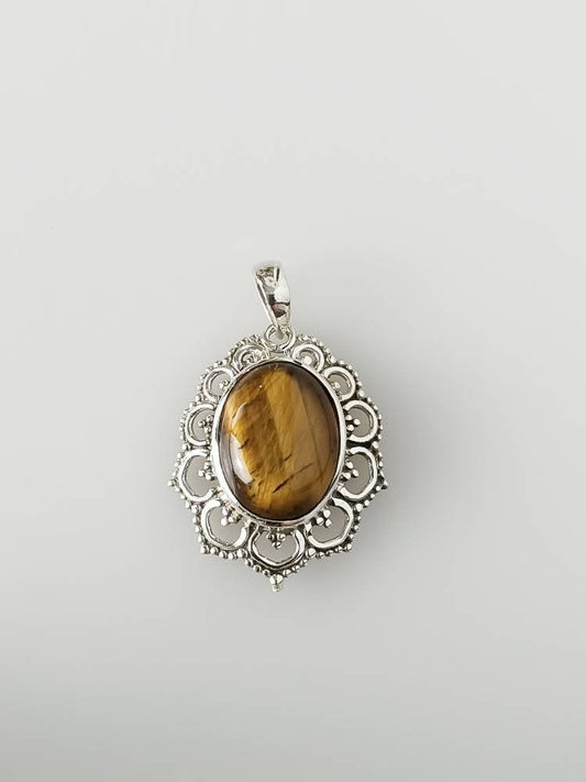 Big Oval Genuine Tiger's Eye Gemstone and Solid Sterling Silver Bohemian lace frame Pendant, Gemini Zodiac July Birthstone Gift, Australia, Zorbajewellers