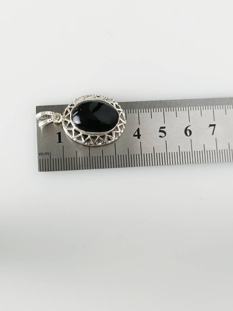 Big Oval Genuine Black Onyx Gemstone and Solid 925 Sterling Silver Bohemian Frame Pendant, Leo Zodiac December Birthstone Gift, Australia, Zorbajewellers
