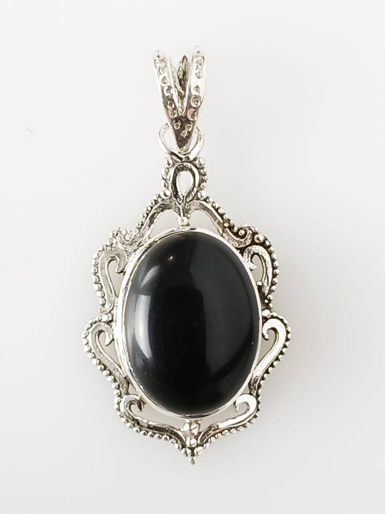 Big Oval Genuine Black Onyx Gemstone and Solid 925 Sterling Silver Boho lace Frame Pendant, Leo Zodiac December Birthstone Gift, Australia, Zorbajewellers