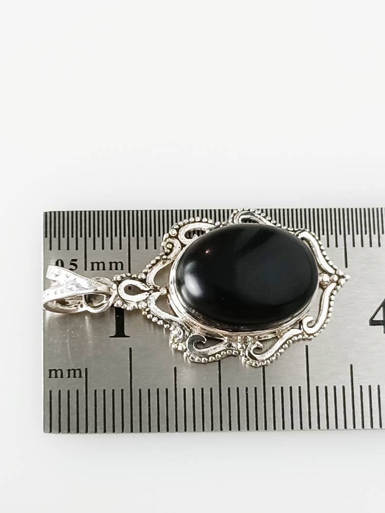 Big Oval Genuine Black Onyx Gemstone and Solid 925 Sterling Silver Boho lace Frame Pendant, Leo Zodiac December Birthstone Gift, Australia, Zorbajewellers