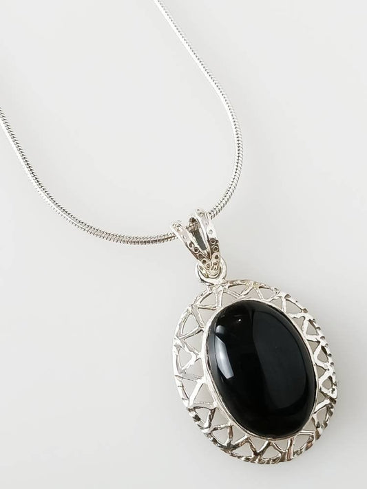 Big Oval Genuine Black Onyx Gemstone and Solid 925 Sterling Silver Bohemian Frame Pendant, Leo Zodiac December Birthstone Gift, Australia, Zorbajewellers