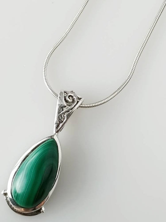 Green malachite pendant, green gemstone silver pendant, oxidized silver pendant, leaf shaped pendant, textured green, boho chic, Australia, Zorbajewellers