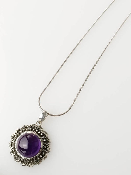 Oxidized Sterling Silver big round filigree textured Amethyst gemstone boho flower pendant, Aquarius Zodiac February Birthstone, Australia, Zorbajewellers