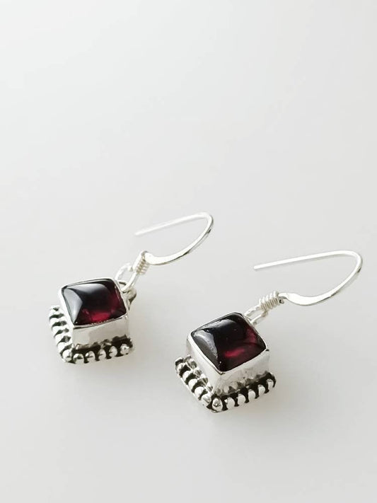 Square Boho Red Garnet earrings, Red garnet earrings in sterling silver, red wine colour gemstones, Capricorn, January birthstone, Australia, Zorbajewellers