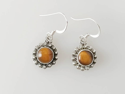 TIGER'S EYE round gemstones set in oxidized beads solid sterling SILVER dangle drop earrings, Gemini Zodiac June Birthstone Gift, Australia, Zorbajewellers