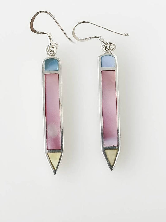Pink MOTHER of PEARL/NACRE 925 Silver Earrings, Pencil Pattern Mother of Pearl Silver Earring, Gemini Zodiac June birthstone Gift, Australia, Zorbajewellers