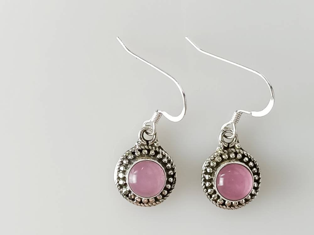 Oxidized Round Beads Boho Rose Quartz 925 silver earrings, Pink boho design dangle earrings, Taurus Zodiac January birthstone, Australia, Zorbajewellers