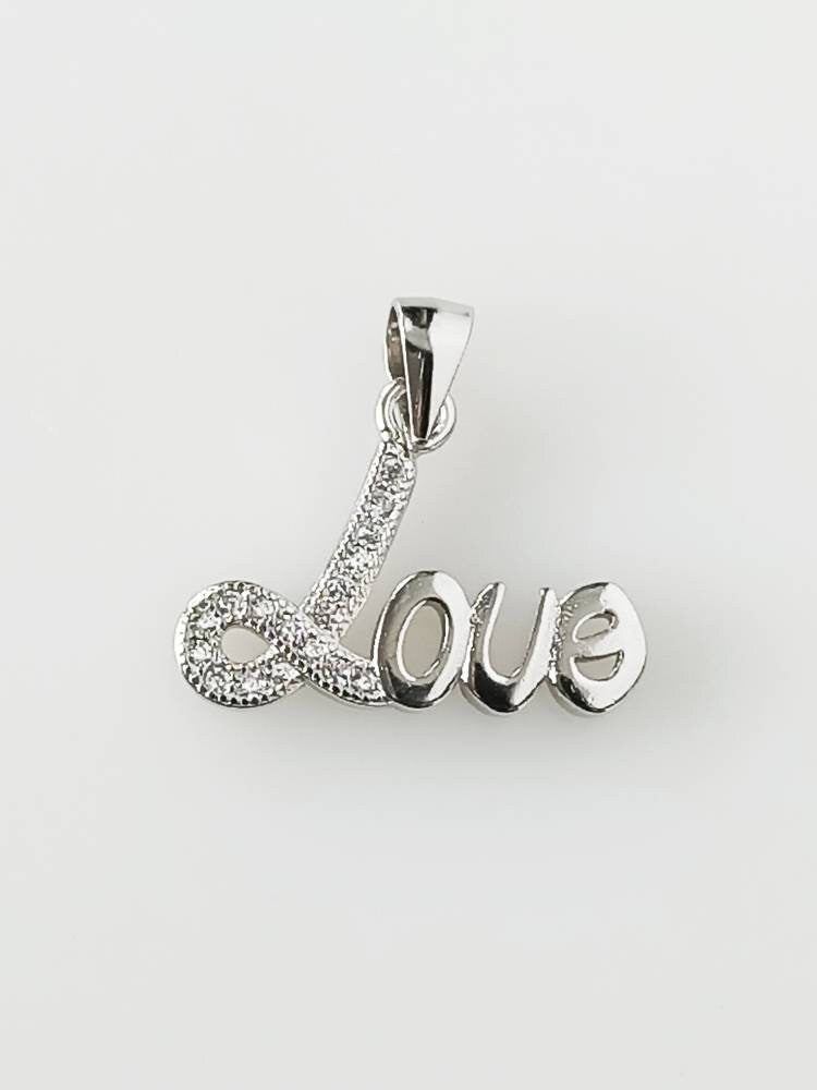 Cubic Zirconia RHODIUM Plated LOVE Solid 925 Silver Pendant, Cz studded Romantic LOVE Sterling Silver Pendant - Rhodium Plated, Australia, Zorbajewellers