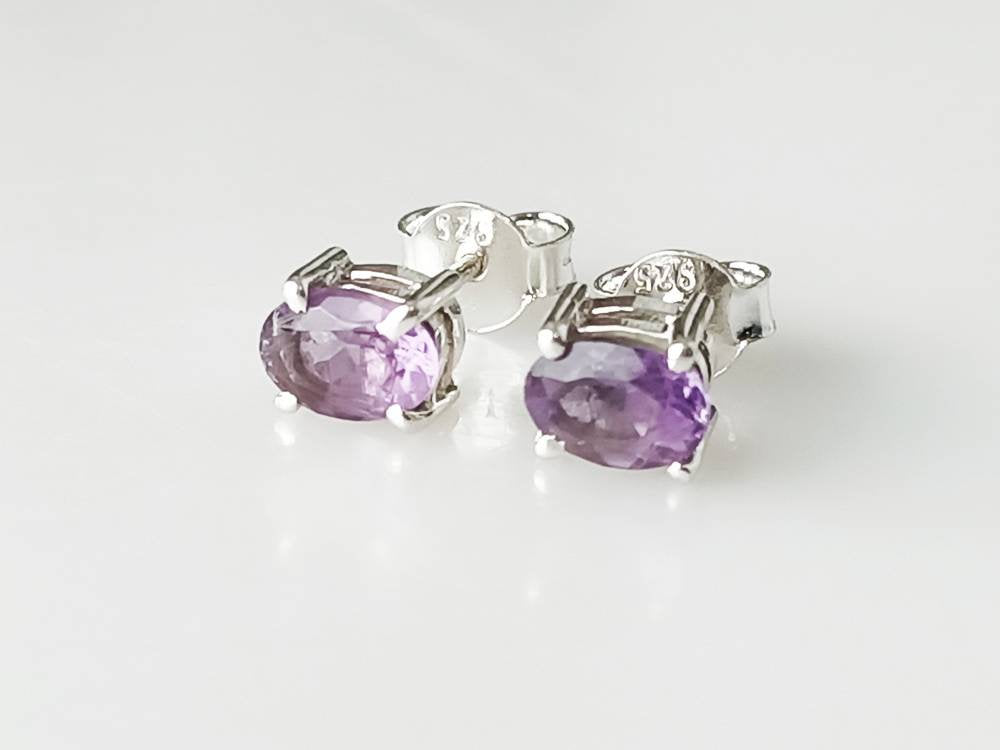 Amethyst stud earrings, Purple gemstone oval silver studs, minimalist stud earrings, prong setting stud, simple diamond cut studs, Australia, Zorbajewellers