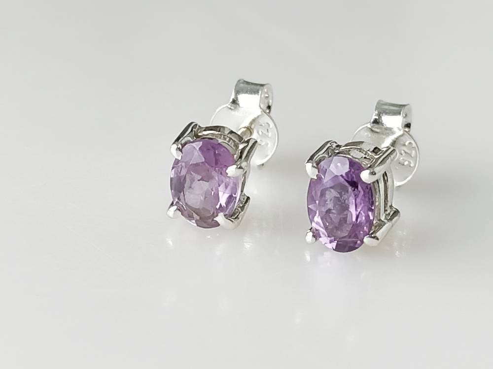 Amethyst stud earrings, Purple gemstone oval silver studs, minimalist stud earrings, prong setting stud, simple diamond cut studs, Australia, Zorbajewellers