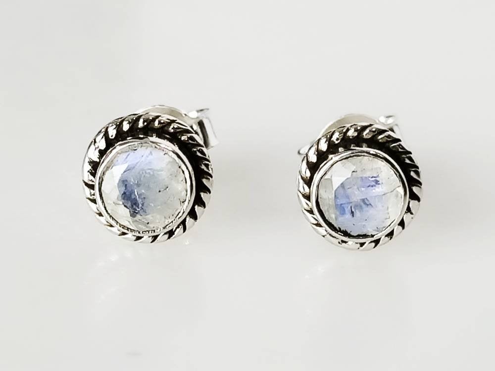 Genuine MOONSTONE Gems SOLID 925 Oxidized SILVER Minimalist Stud Earrings, Round Rope-edge, June Birthstone & Cancer Zodiac Gift, Australia, Zorbajewellers
