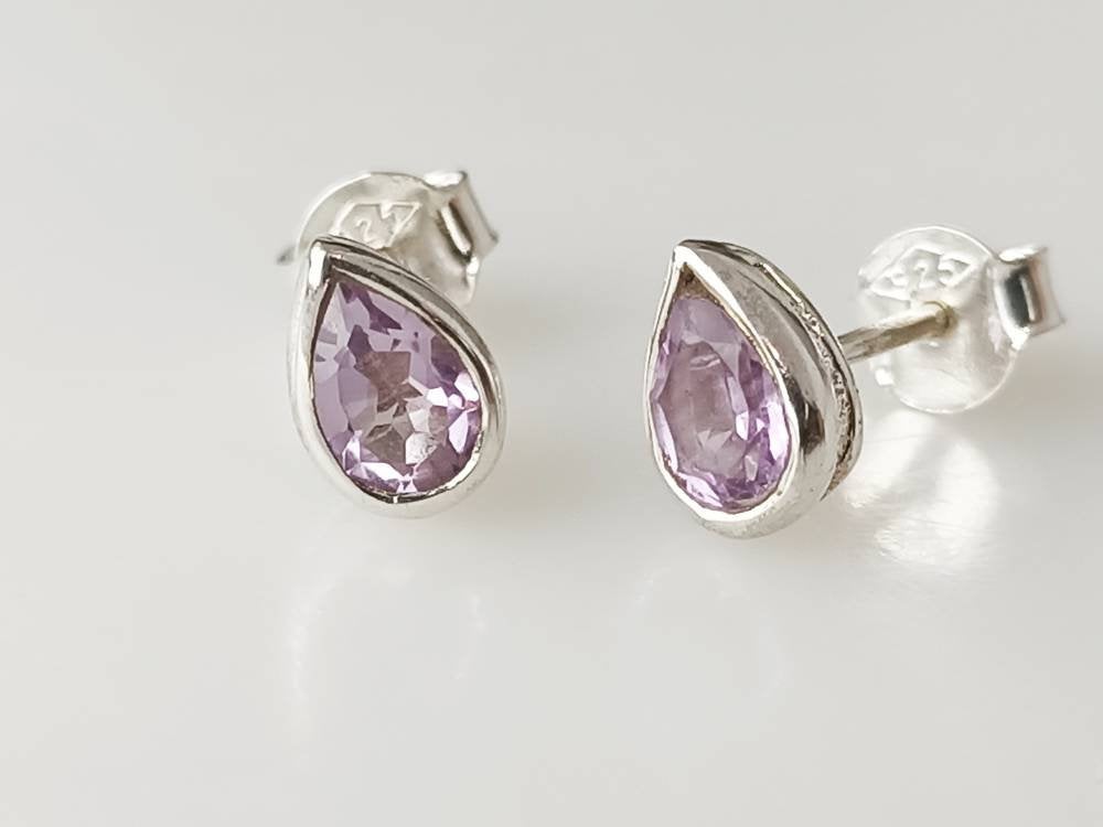 Purple Amethyst Teardrop Sterling Silver Stud Earrings, Minimalist Earrings, Aquarius Birthstone, Feb Birthday Gift, Silver Studs Australia, Zorbajewellers