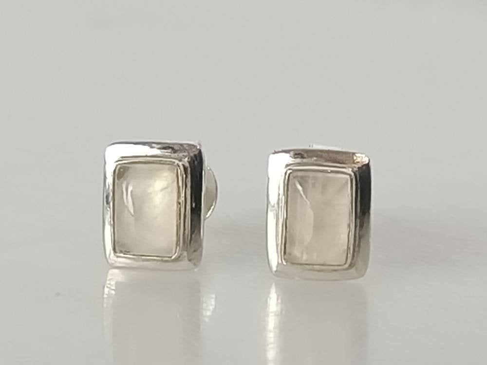 Genuine MOONSTONE Gems SOLID 925 SILVER Rectangle Stud Earrings, Opaque White Sterling Silver, June Birthstone Cancer Zodiac Gift, Australia, Zorbajewellers