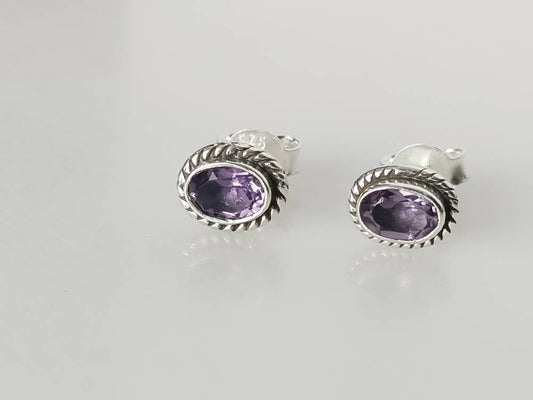 Genuine AMETHYST Gems SOLID 925 Oxidized SILVER Boho Oval Stud Earrings, Sterling Silver February Birthstone Aquarius Zodiac Gift, Australia, Zorbajewellers